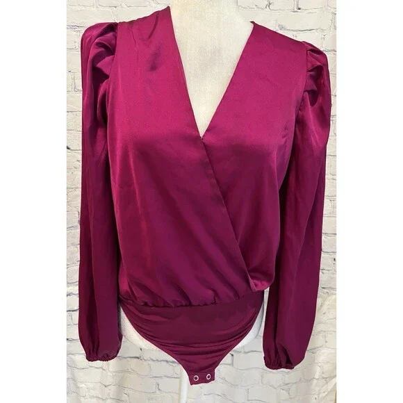 Express Satin Balloon Sleeve Faux Wrap Front Snap Bodysuit Pink/purple Small - Picture 3 of 7